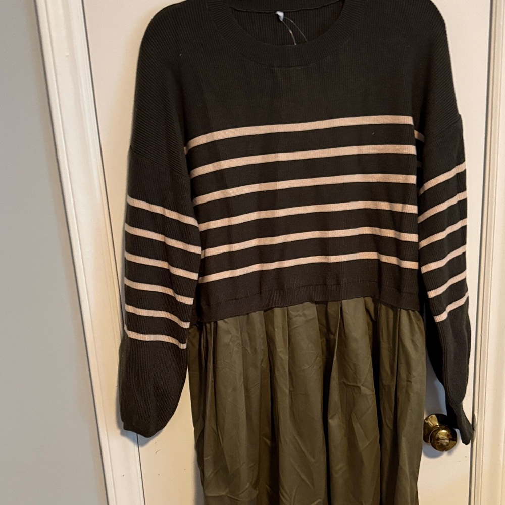 Striped Black & Cream Knit Top with Olive Skirt Panel